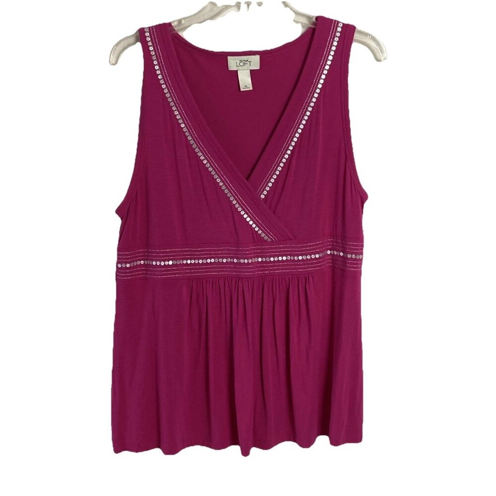 LOFT Women's Sleeveless Magenta V-Neck Tank with Embellished Trim